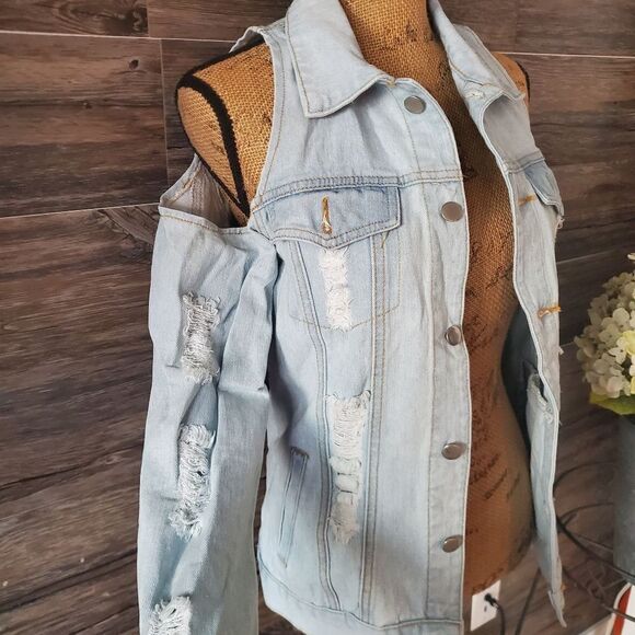 Point 5 Cold Shoulder Denim Jacket Light Wash Small - Picture 7 of 10